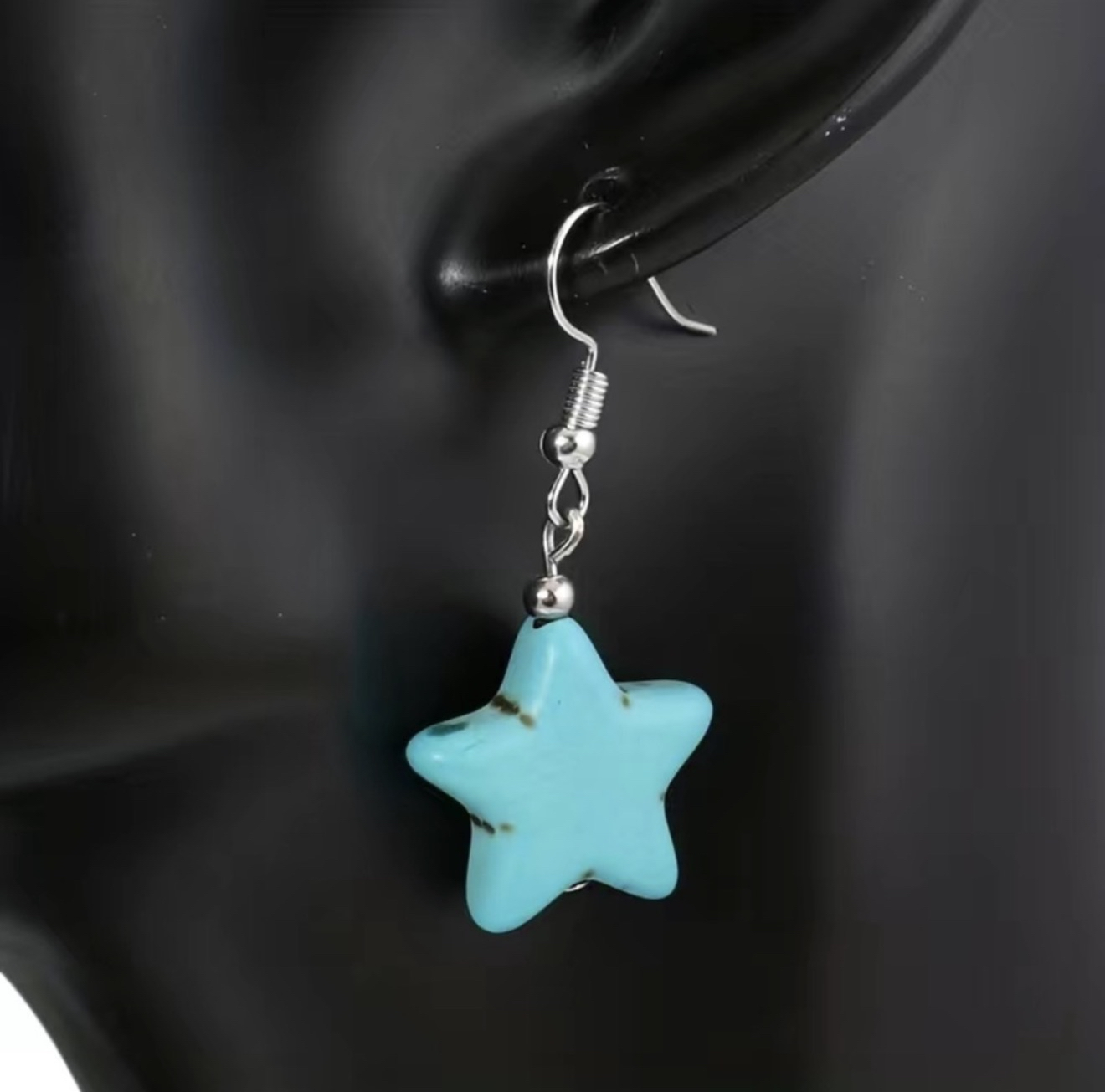 New Handmade S925 Sterling Silver Boheme Natural Turquoise Carved Star Earrings - Image 3