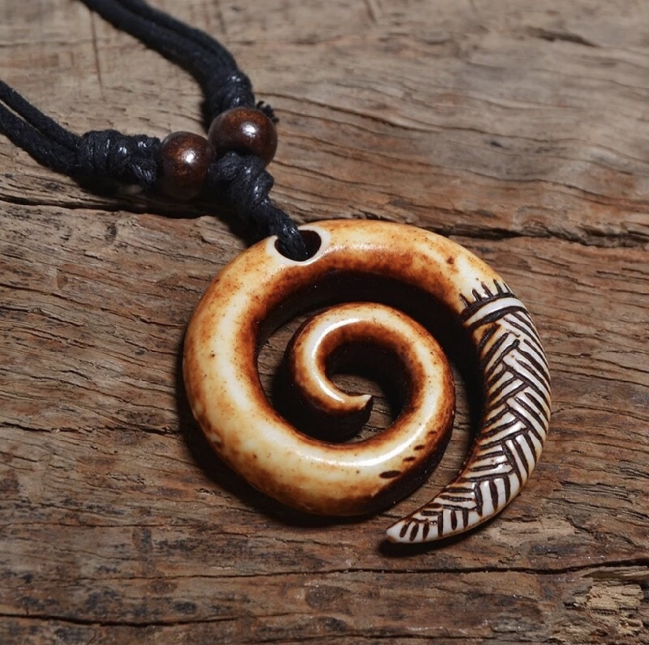 Handmade Boho Hawaiian Tribal Engraved Spiral Helix Hook Pendant Necklace - Image 3