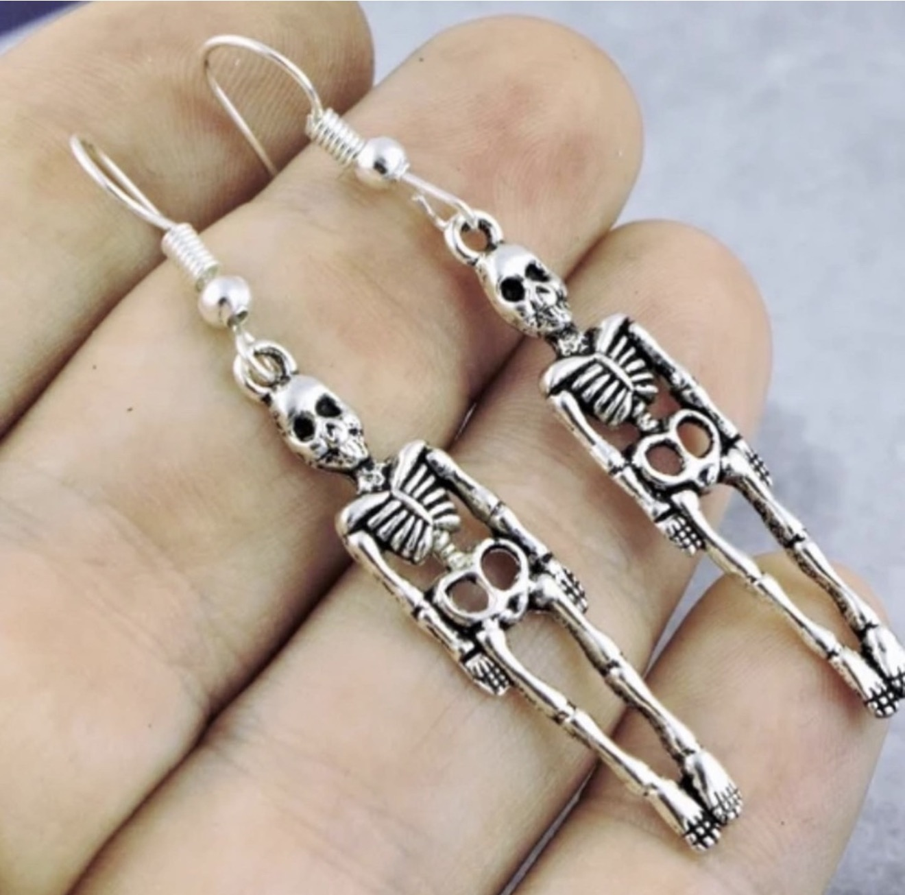 New Handmade Silver Halloween Skeleton Gothic Dangle Earrings - Image 2