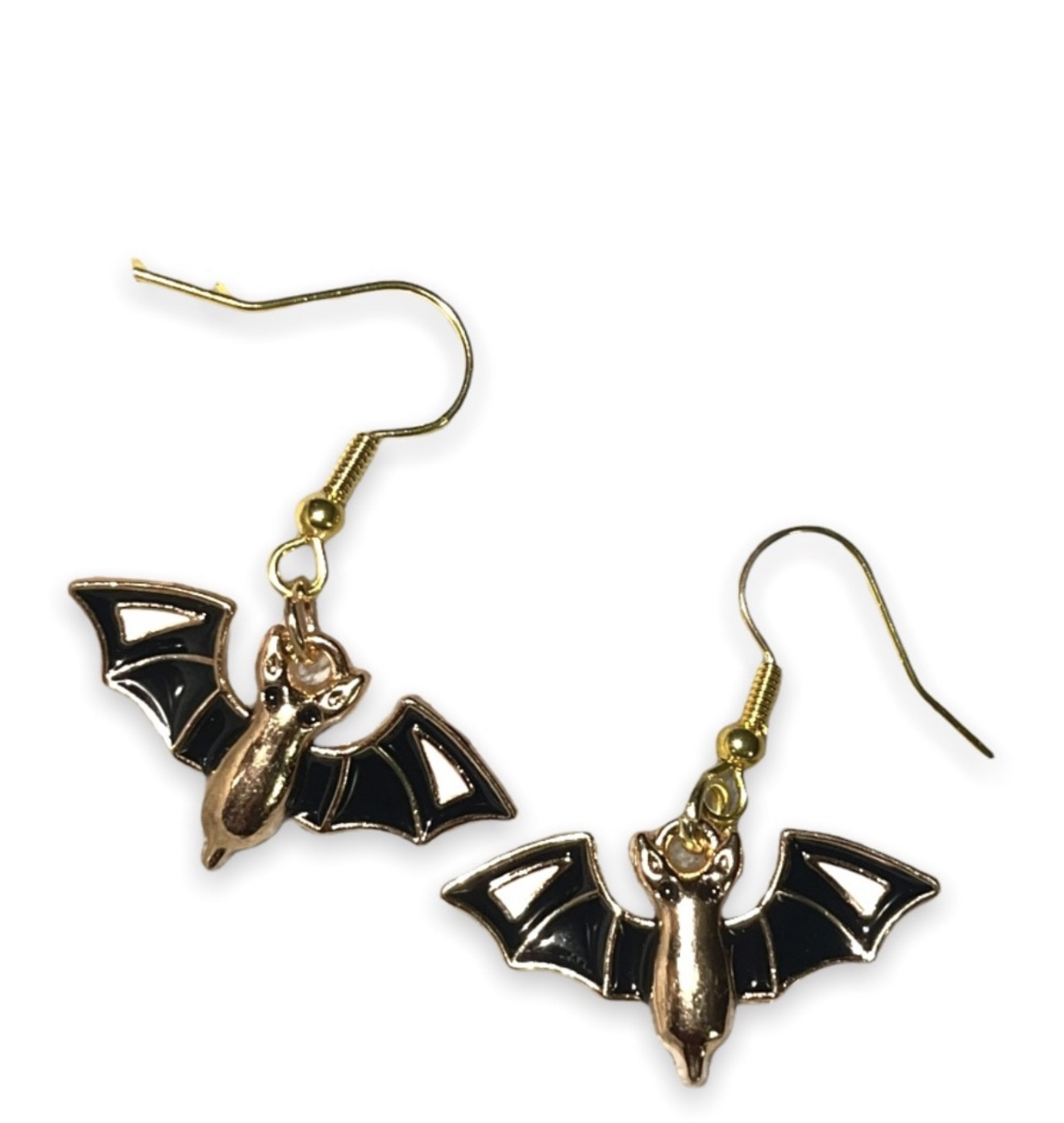 New Woman’s Handmade Gold & Enamel Halloween Flying Bat Dangle Earrings - Image 2