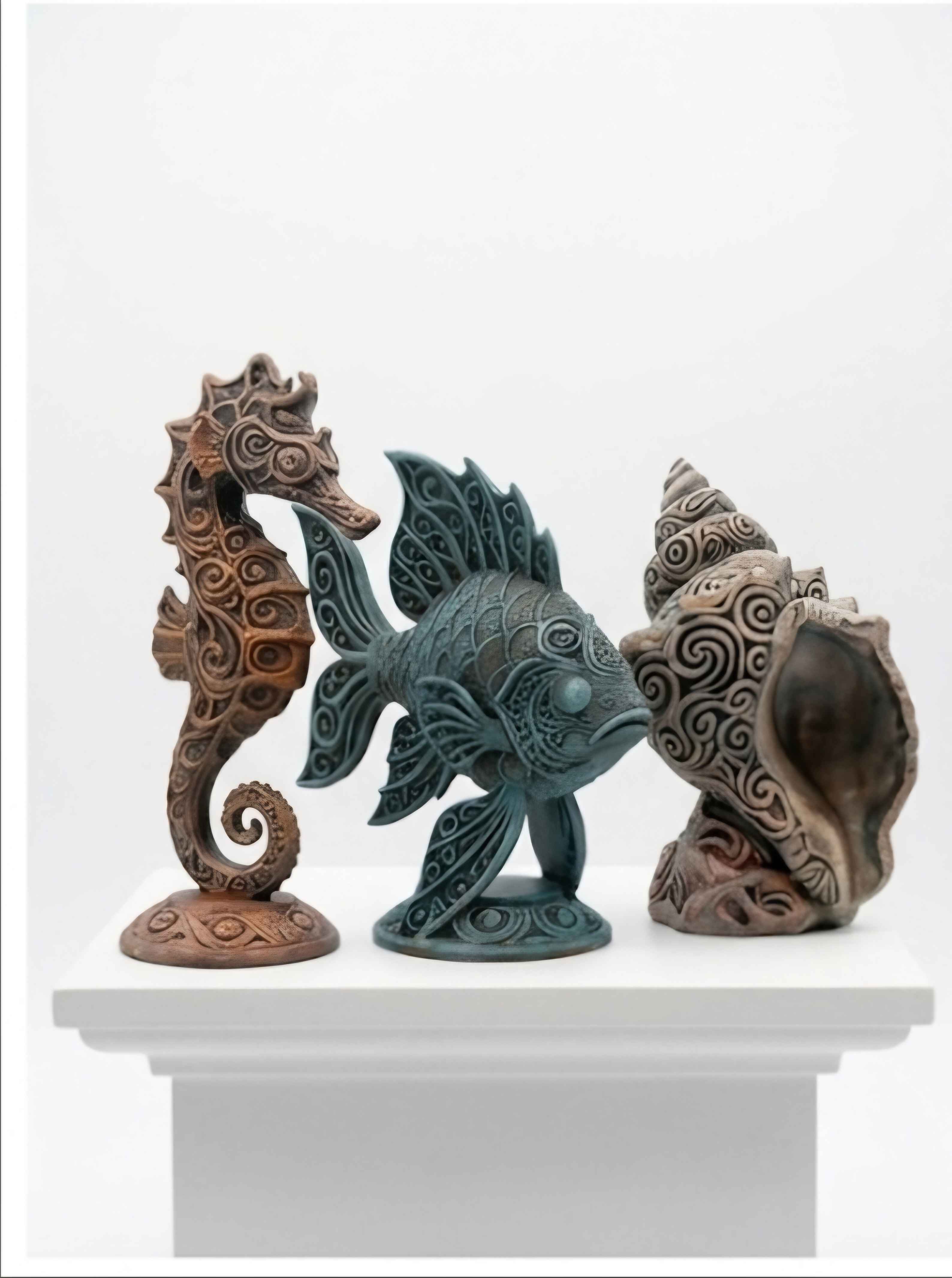 🌊 Ornate Carved Ocean Trio – Seahorse, Fish & Seashell Sculptures