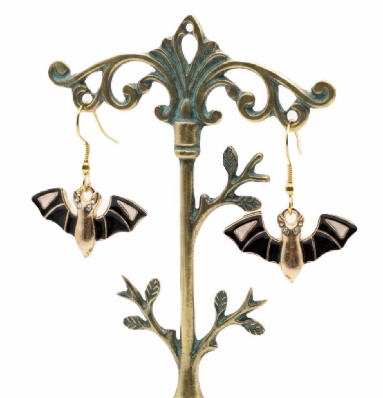 New Woman’s Handmade Gold & Enamel Halloween Flying Bat Dangle Earrings