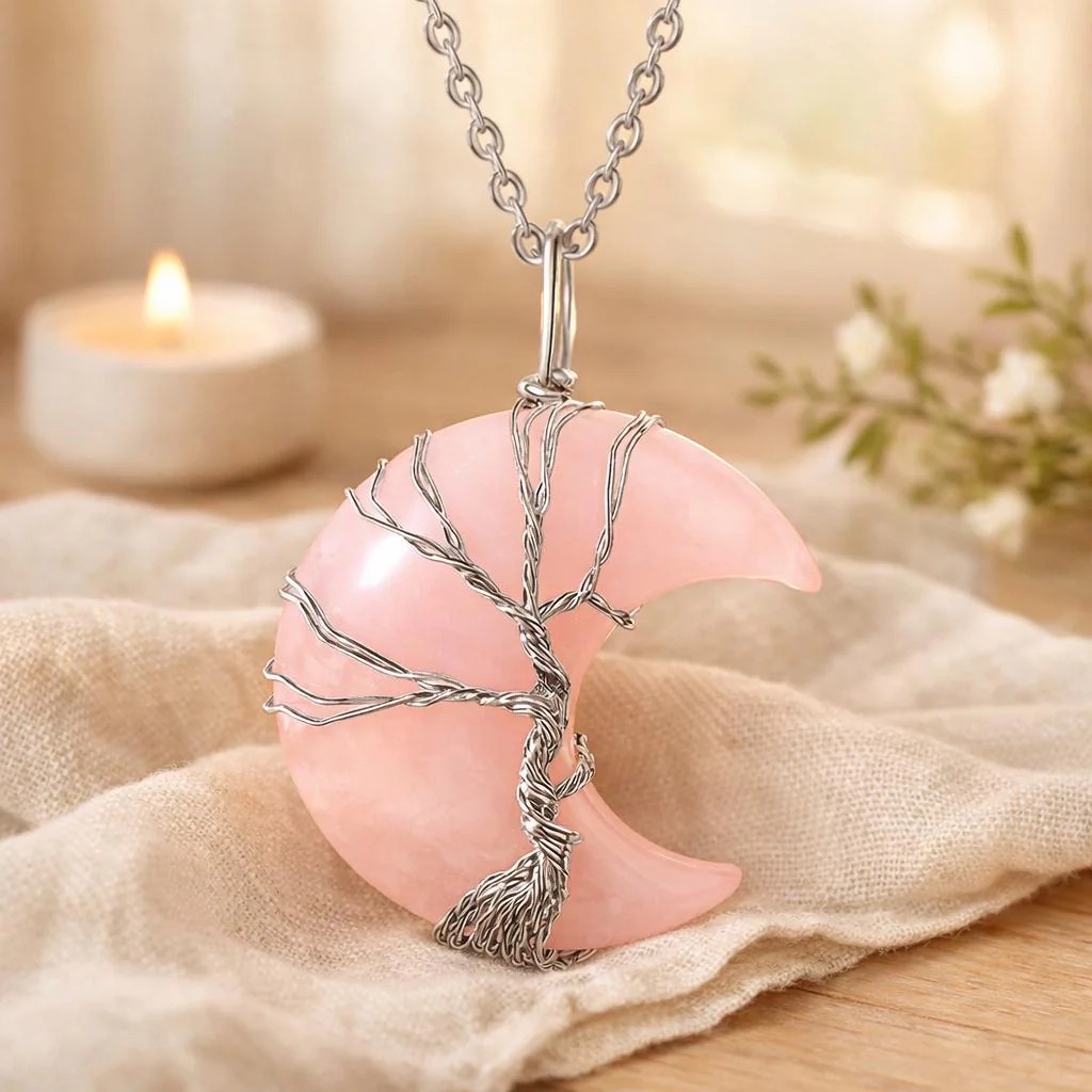 Natural Rose Quartz Crystal Celestial Moon Tree of Life Necklace Wire Wrapped Stainless Steel - Image 2