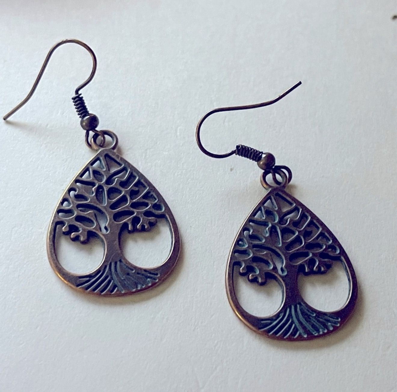New Green Patina Bronze Celtic Spiritual Tree of Life Bohemien Dangle Earrings - Image 2