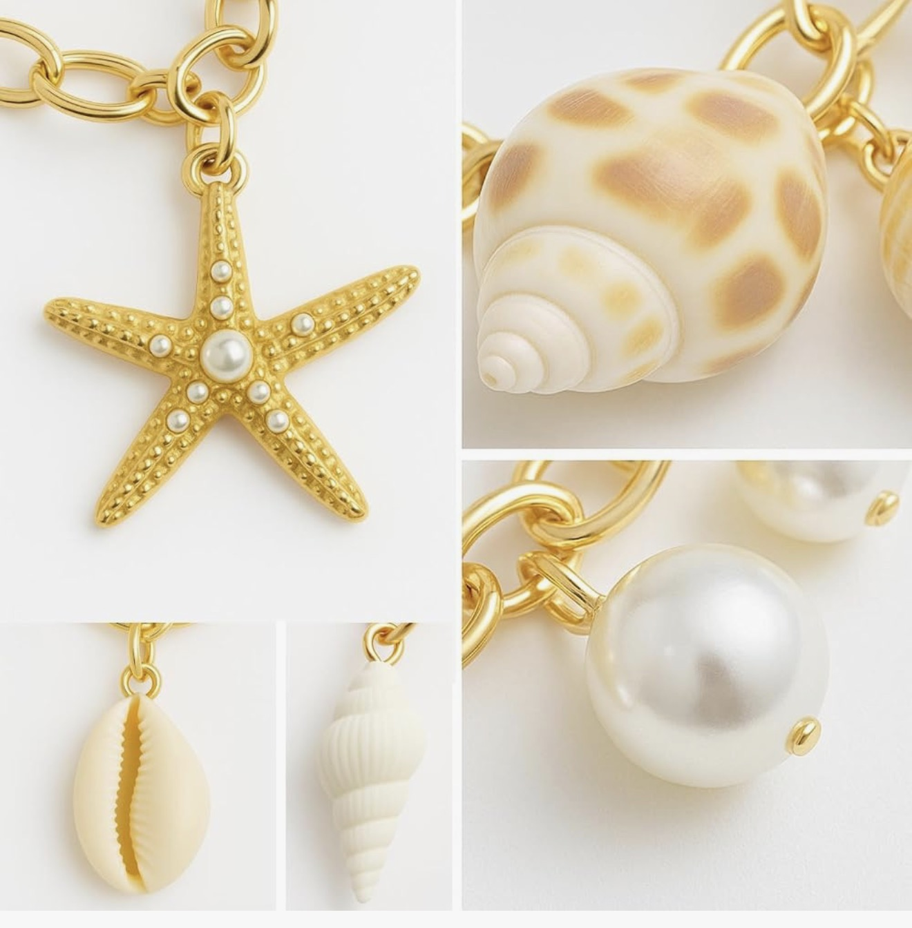 Gold-Tone Beach Charm Bracelet with Seashells, Faux Pearls, and Starfish Accents - Image 2