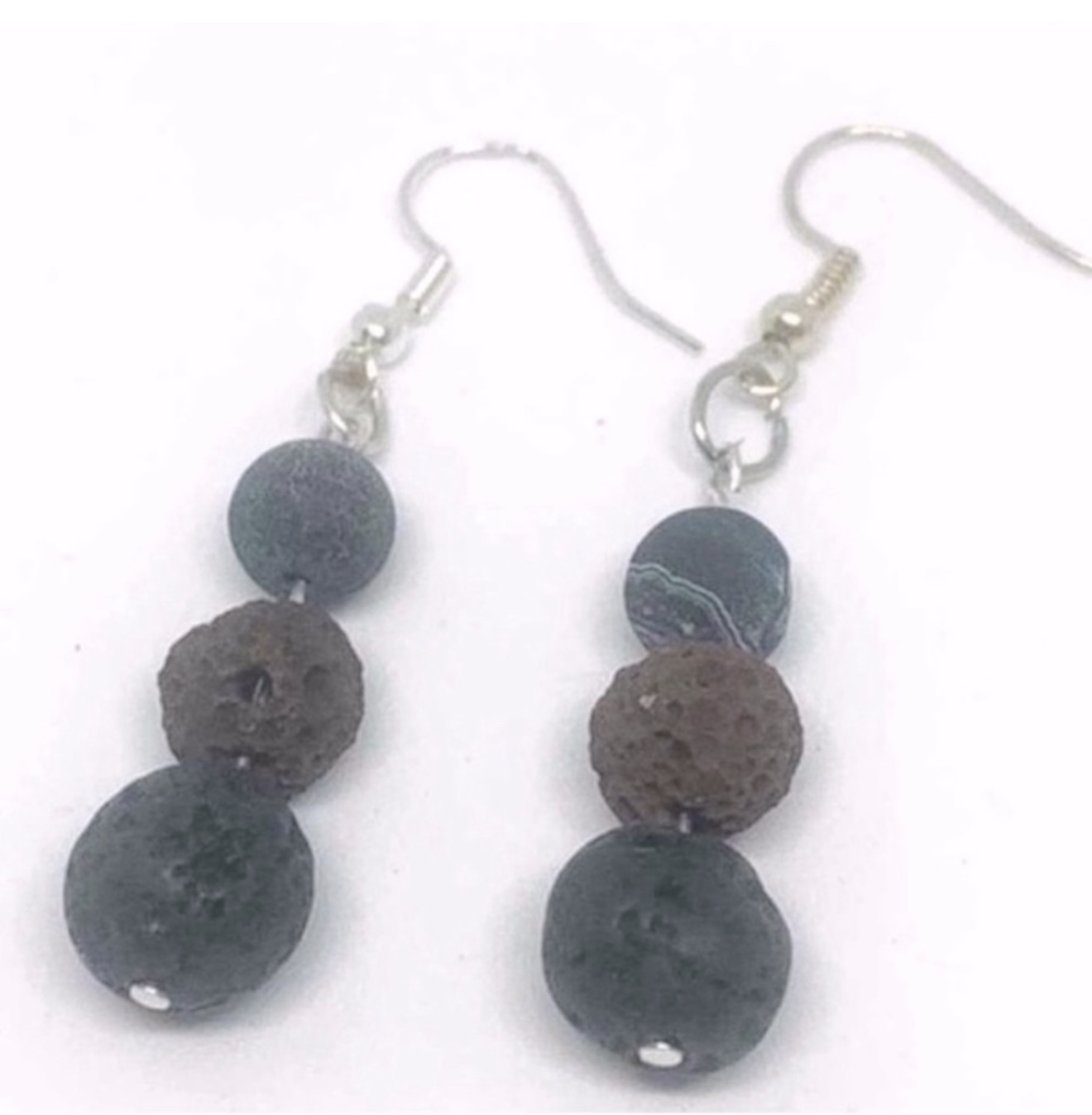 Handmade S925 Sterling Silver Black Brown Volcanic Rock Dangle Earrings - Image 2