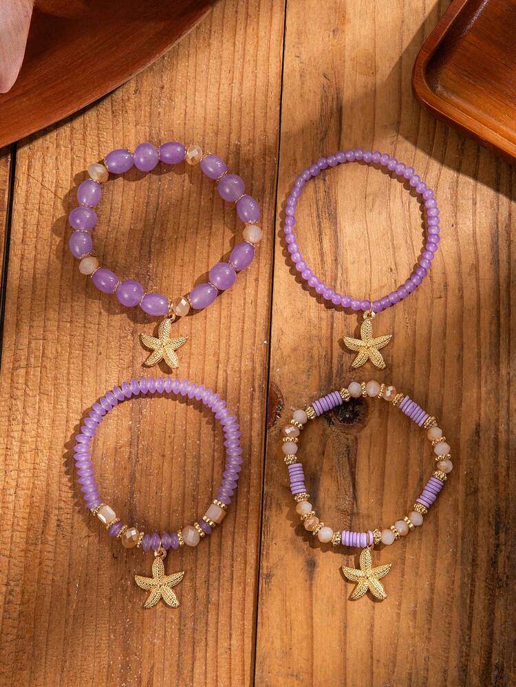 Boho Multilayer Crystal Purple/Gold Beaded Starfish Stretch Bracelets (4 Pcs) - Image 4