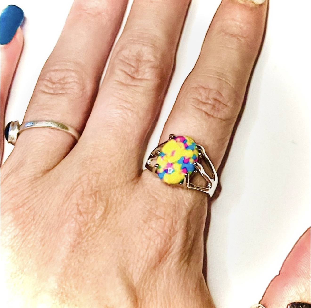 New Artisan Yellow Pink Blue Mosaic Jasper Stainless Steel Dragon Claw Ring - Size 7 - Image 4