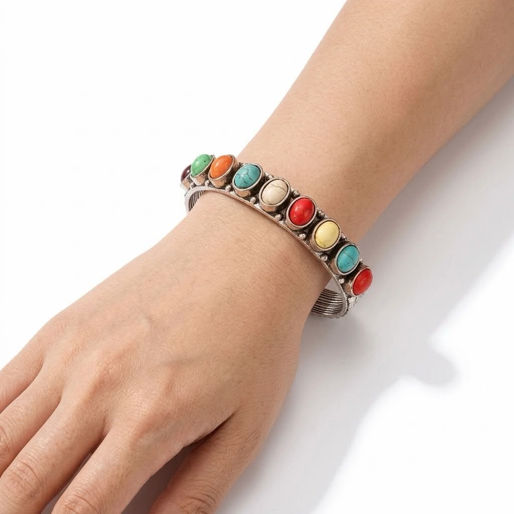 Western Multi-Color Turquoise Stone Oval Cuff Bracelet - Image 2