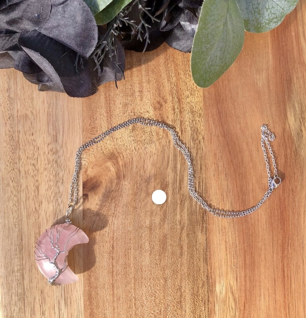 Natural Rose Quartz Crystal Celestial Moon Tree of Life Necklace Wire Wrapped Stainless Steel - Image 4