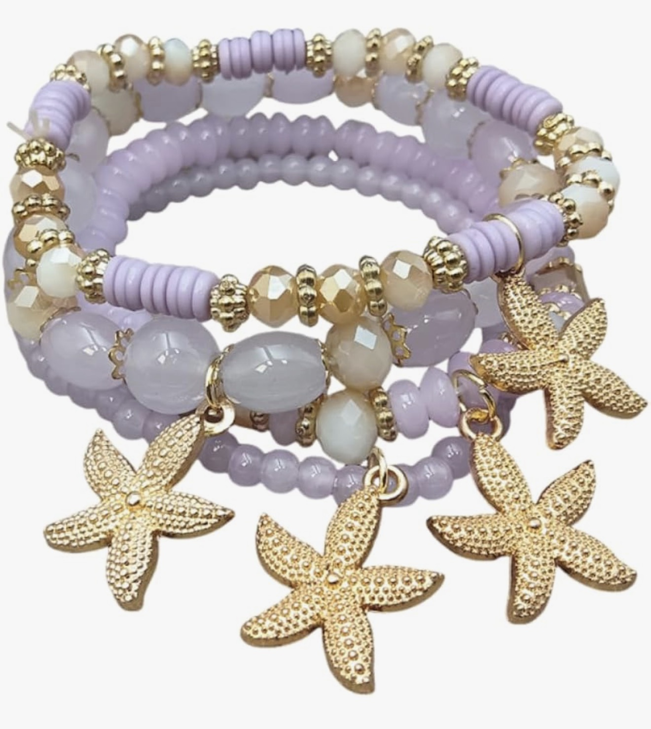 Boho Multilayer Crystal Purple/Gold Beaded Starfish Stretch Bracelets (4 Pcs)
