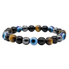 Triple Protection Evil Eye Hematite Black Obsidian Tigers Eye Stretchy Bracelet 8mm