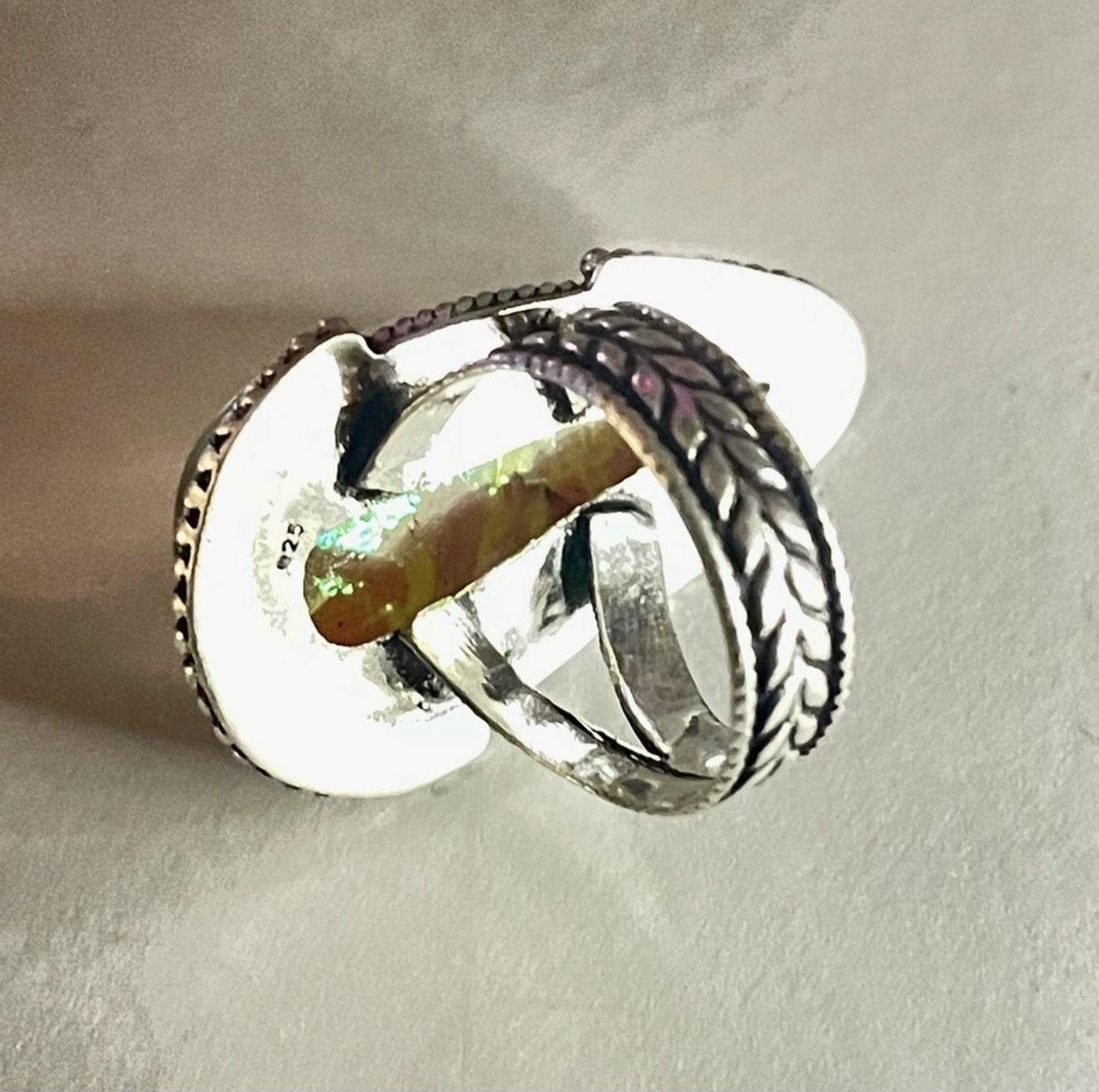 New 925 Sterling Silver Green Yellow Triplet Opalite Artisten Tear Drop Ring - Image 3