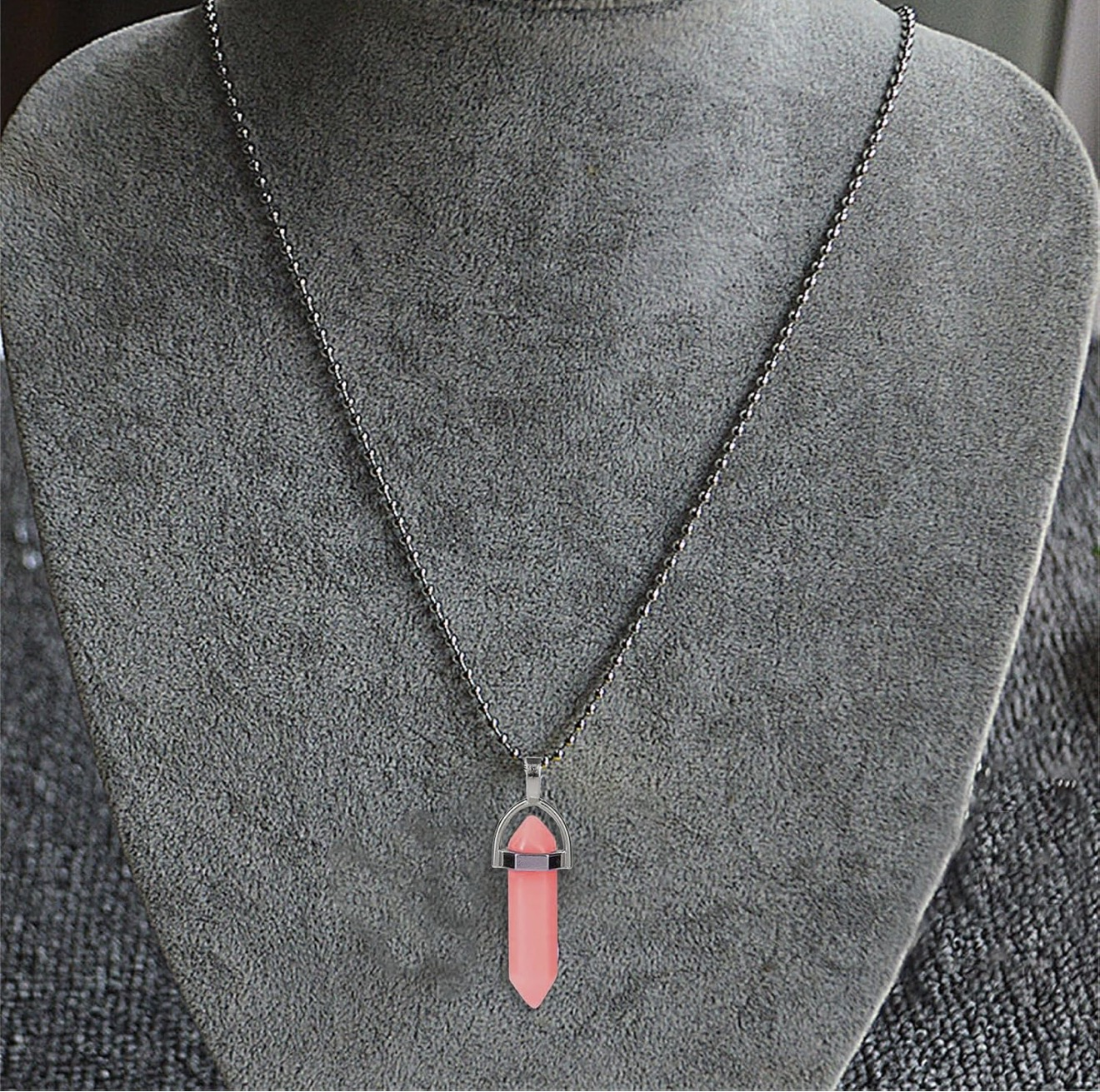 UV Activated Fluorescent Pink Calcite Hexagon Crystal Necklace - Image 2