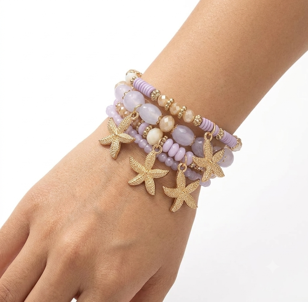 Boho Multilayer Crystal Purple/Gold Beaded Starfish Stretch Bracelets (4 Pcs) - Image 2