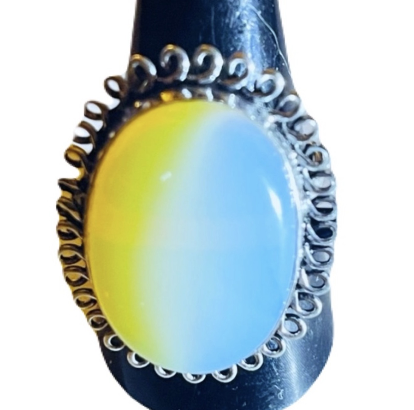 New 925 Sterling Silver Blue Yellow Triplet Opalite Artisten Oval Cut Ring SIZE 9 - Image 2
