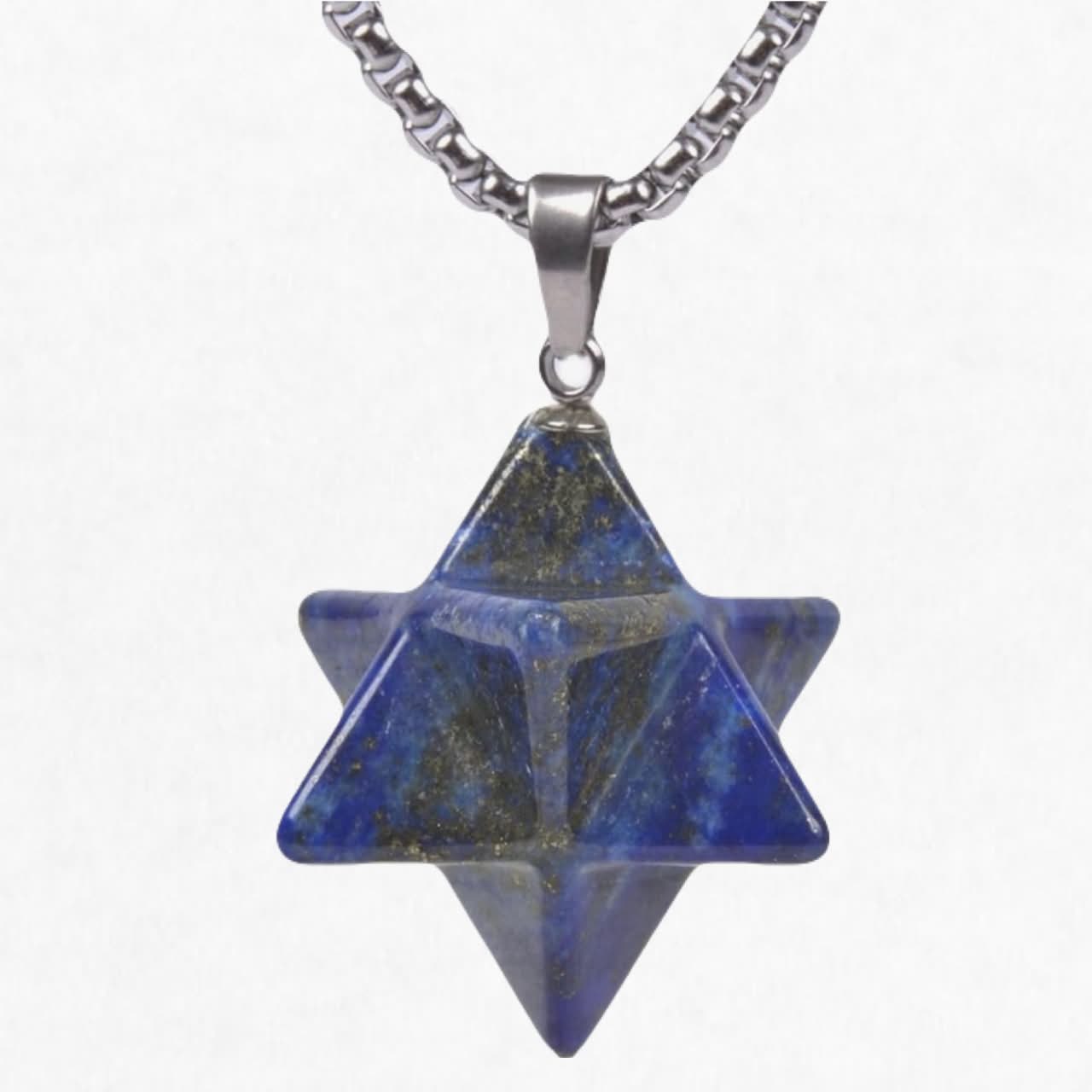 Lapis Lazuli Destiny 3 Ghost Merkaba Star Polished Stainless Steel Necklace 20”