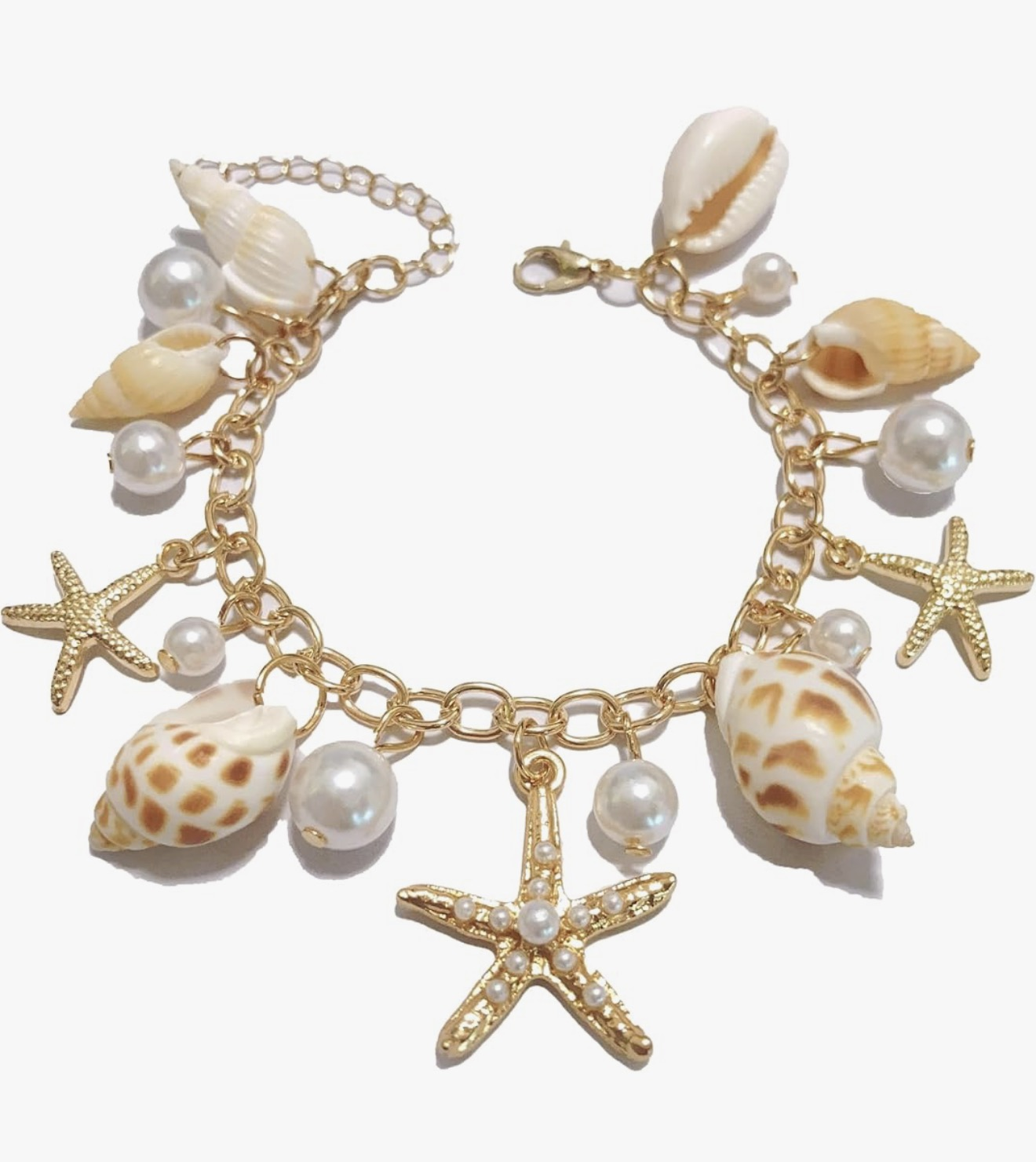 Gold-Tone Beach Charm Bracelet with Seashells, Faux Pearls, and Starfish Accents