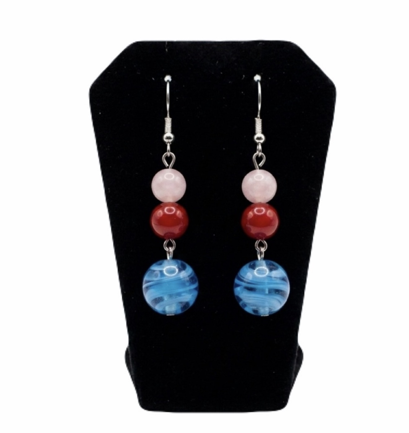 New Handmade Red Pink & Blue Ball Geometric Tear Dangle Earrings by Nerdy