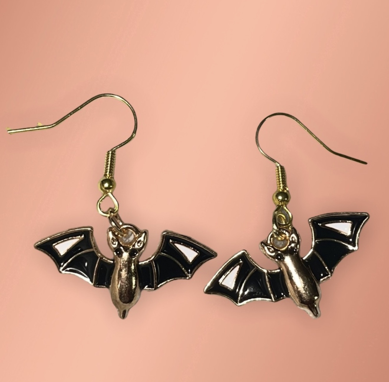 New Woman’s Handmade Gold & Enamel Halloween Flying Bat Dangle Earrings - Image 3
