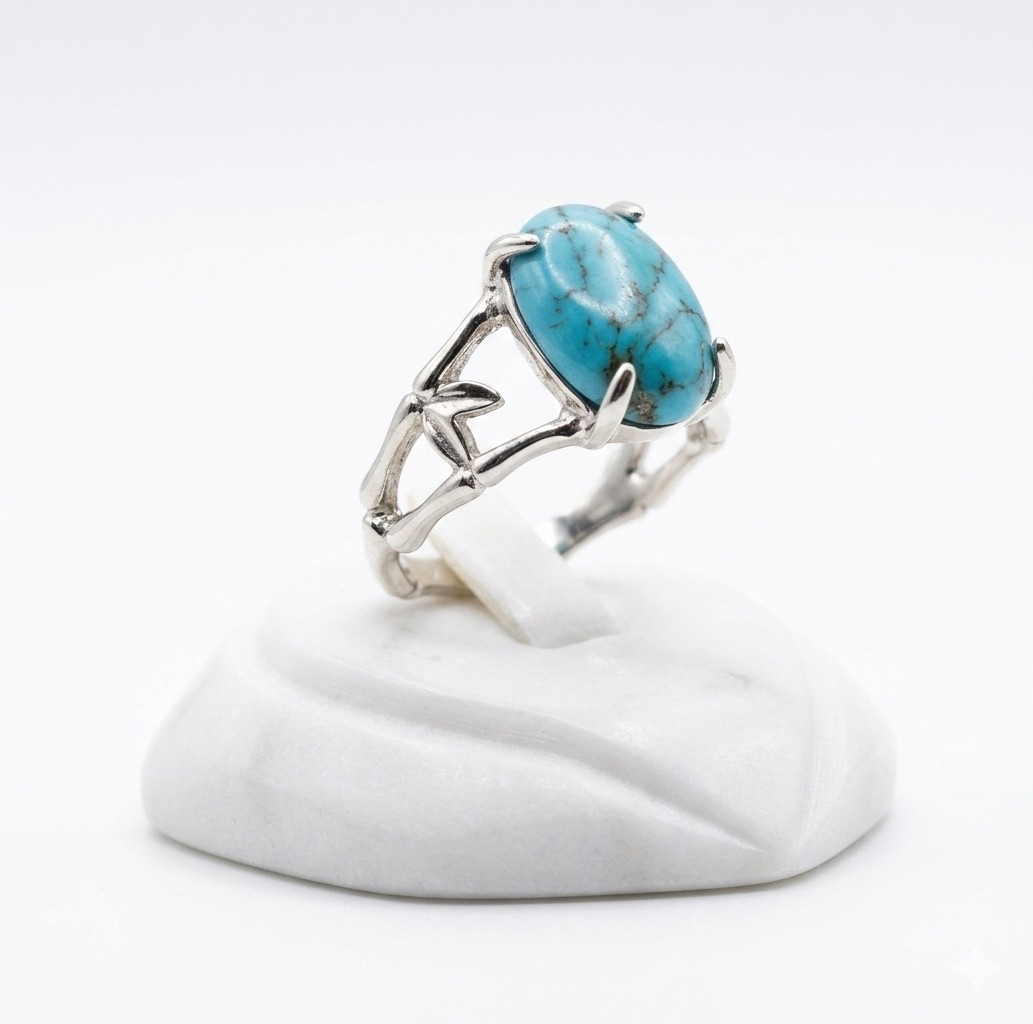 New Handmade Natural Baby Blue Natural Howlite Floral Silver Stainless Steel Ring SIZE: 10