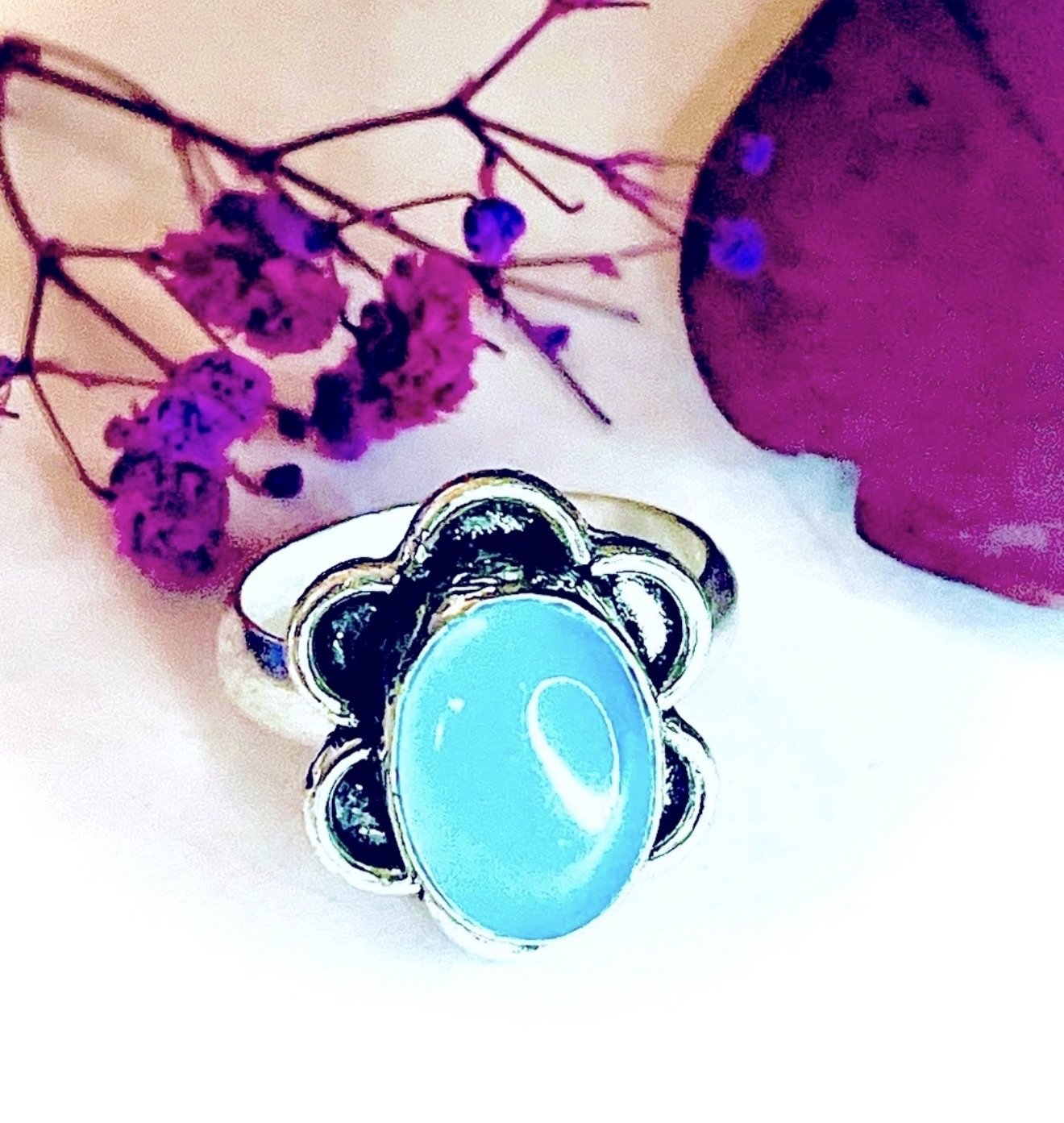 Artisan Blue Chalcedony Gemstone 925 Sterling Silver Floral Flower Ring Size 9 - Image 2