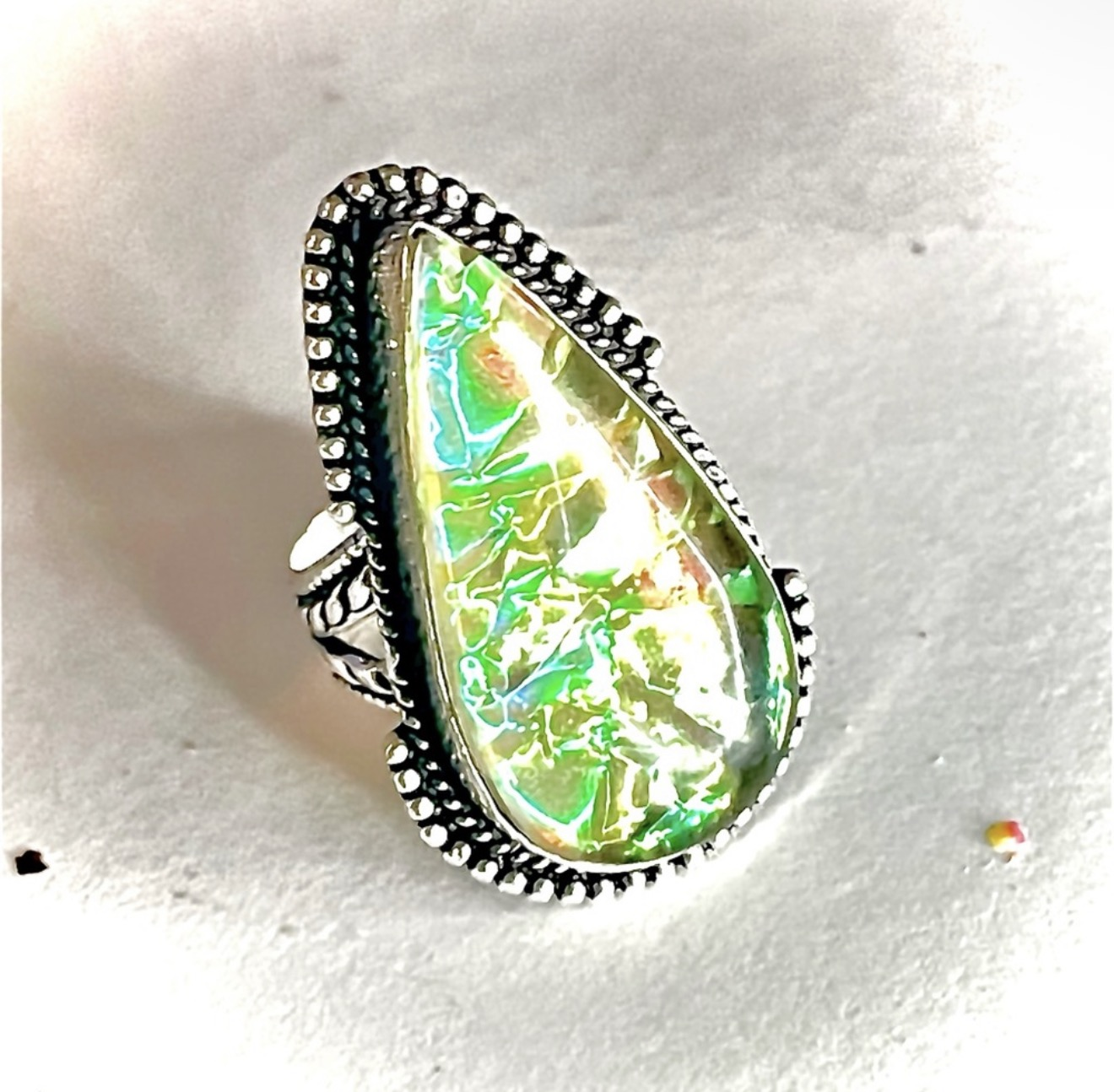 New 925 Sterling Silver Green Yellow Triplet Opalite Artisten Tear Drop Ring - Image 4