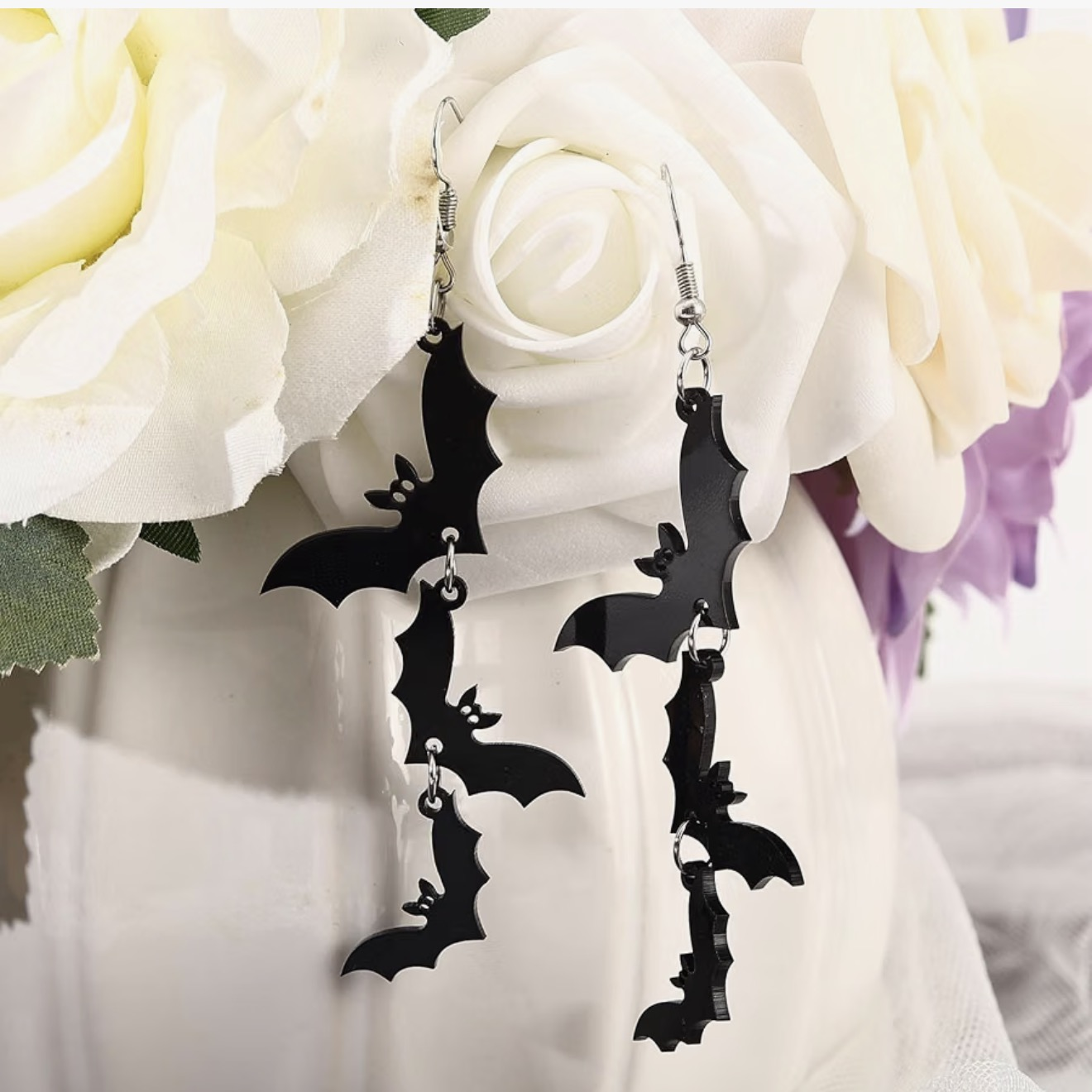 Gothic Black Bat Dangle Earrings (3.15") - Image 3