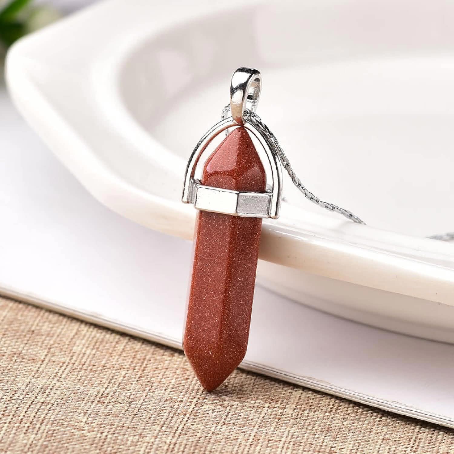 Natural Red Goldstone Stainless Steel Hexagonal Necklace - Image 4