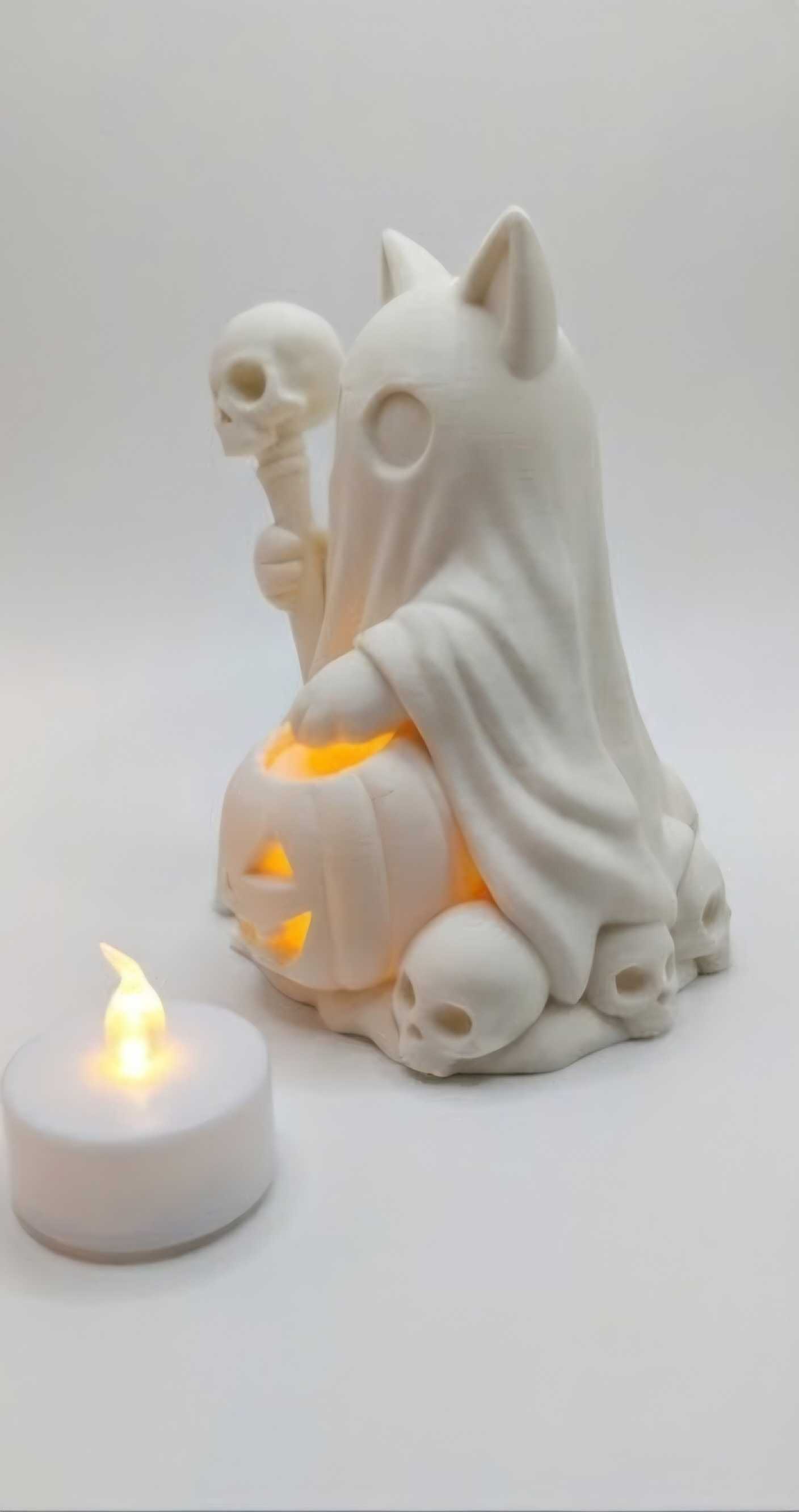 Ghost Cat Necromancer Tea Light Holder — 3D Printed Halloween Decor - Image 4