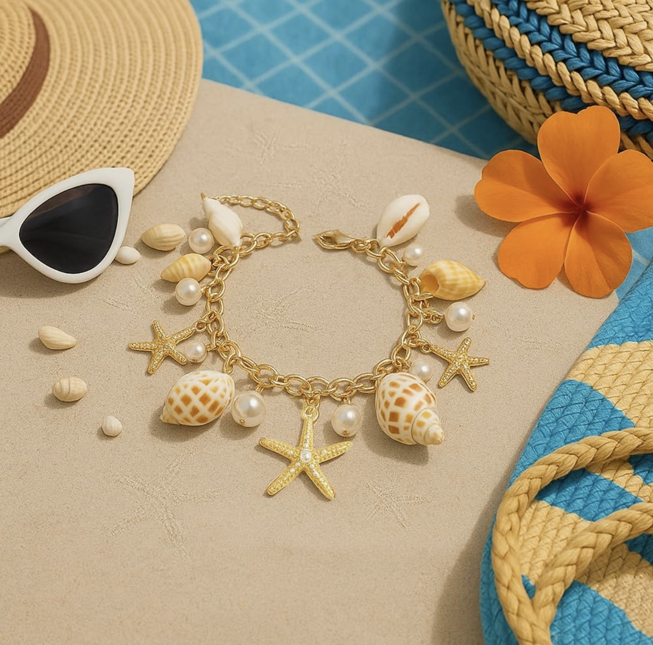Gold-Tone Beach Charm Bracelet with Seashells, Faux Pearls, and Starfish Accents - Image 3