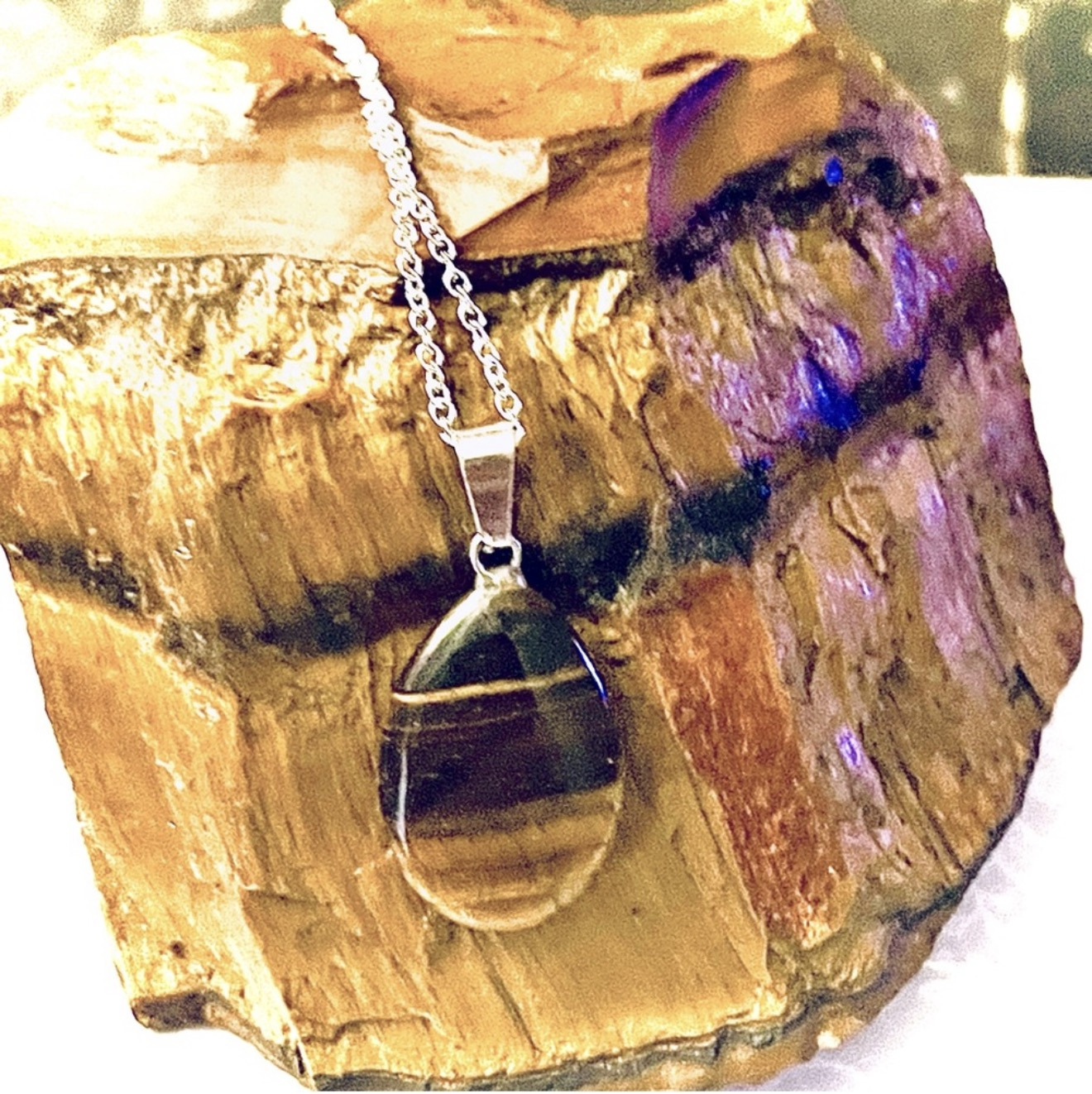 New 925 Sterling Silver Brown Black Tigers Eye Stone Water Drop Necklace - Image 3