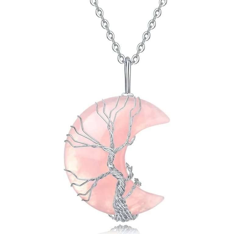 Natural Rose Quartz Crystal Celestial Moon Tree of Life Necklace Wire Wrapped Stainless Steel