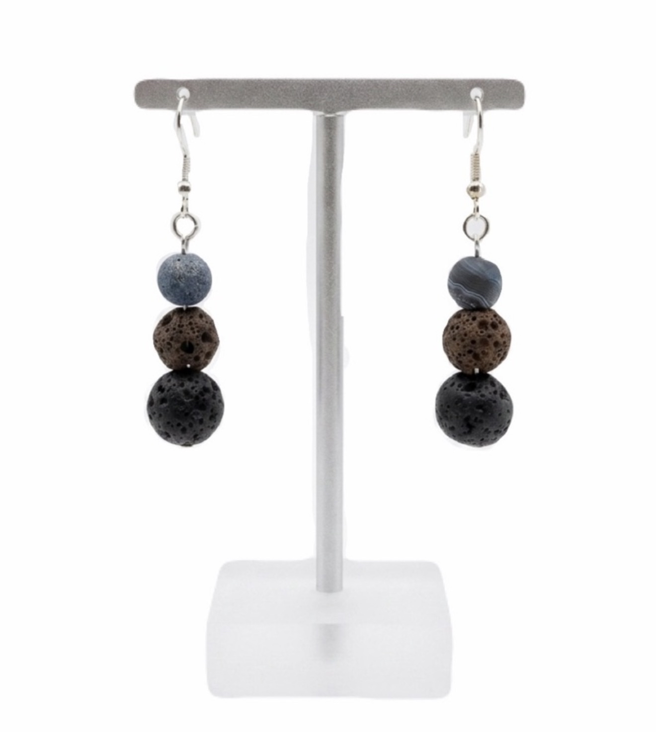 Handmade S925 Sterling Silver Black Brown Volcanic Rock Dangle Earrings