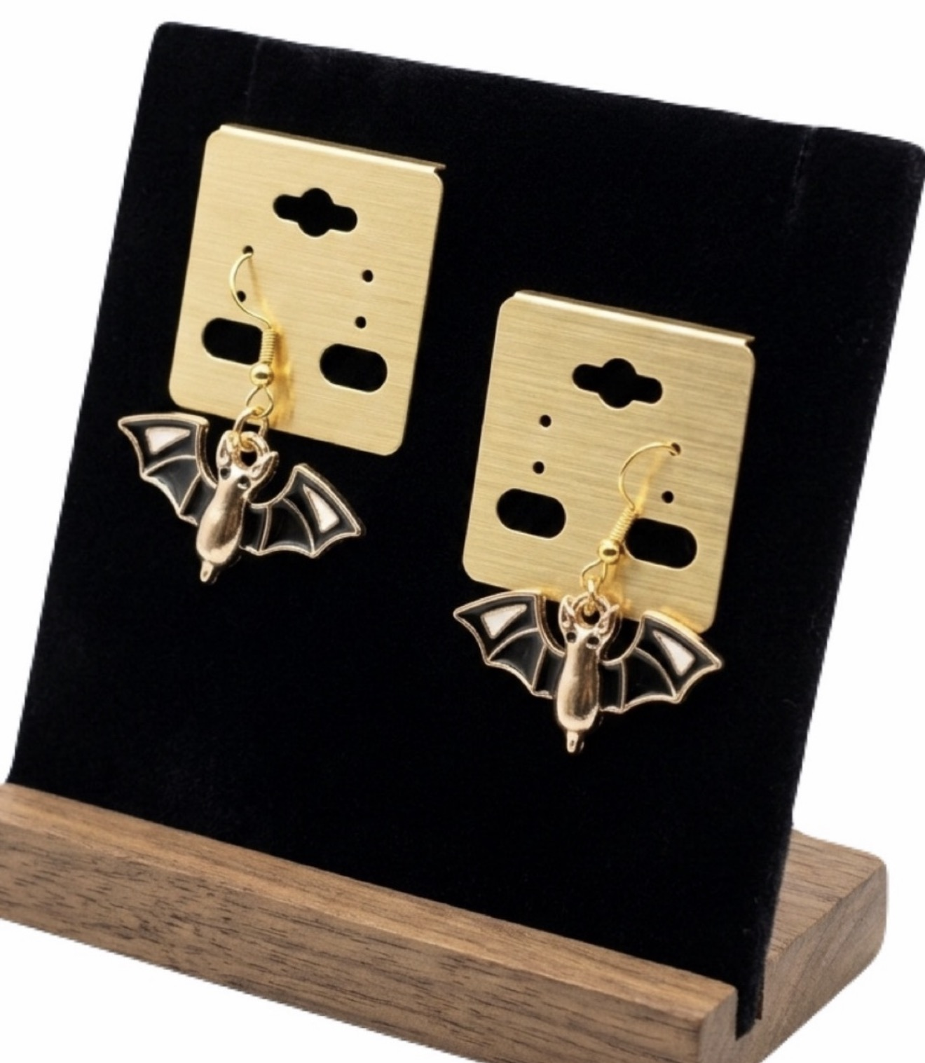 New Woman’s Handmade Gold & Enamel Halloween Flying Bat Dangle Earrings - Image 4