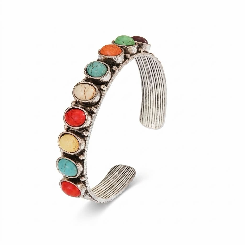 Western Multi-Color Turquoise Stone Oval Cuff Bracelet