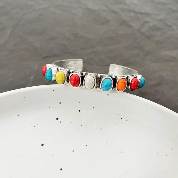 Western Multi-Color Turquoise Stone Oval Cuff Bracelet - Image 3