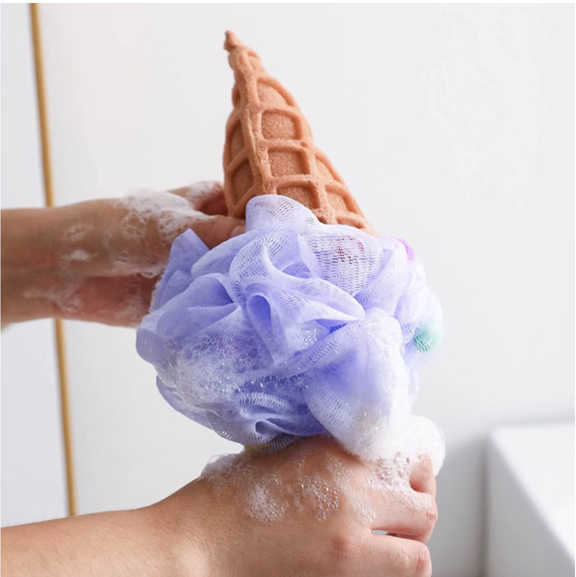 Ice Cream Cone Bath Loofah Sponge – Purple Mesh Body Scrubber with Hanging Loop - Image 3