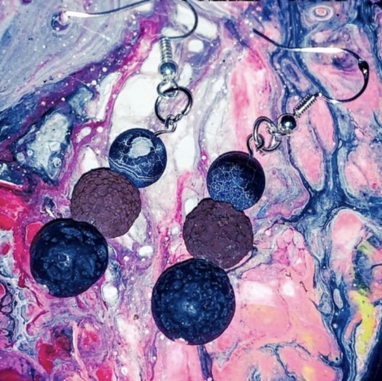 Handmade S925 Sterling Silver Black Brown Volcanic Rock Dangle Earrings - Image 3