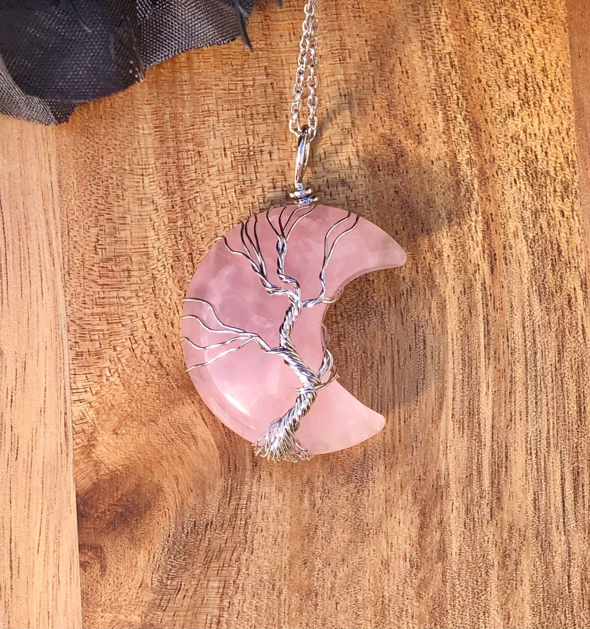 Natural Rose Quartz Crystal Celestial Moon Tree of Life Necklace Wire Wrapped Stainless Steel - Image 3