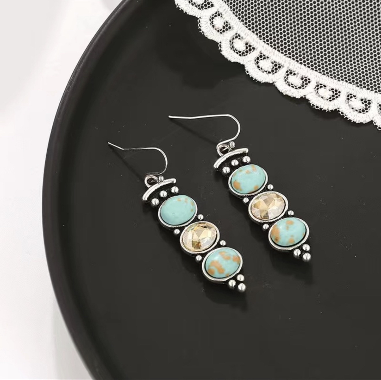 Handmade Bohemian Turquoise Topaz Geometric Dangle Earrings - Image 3