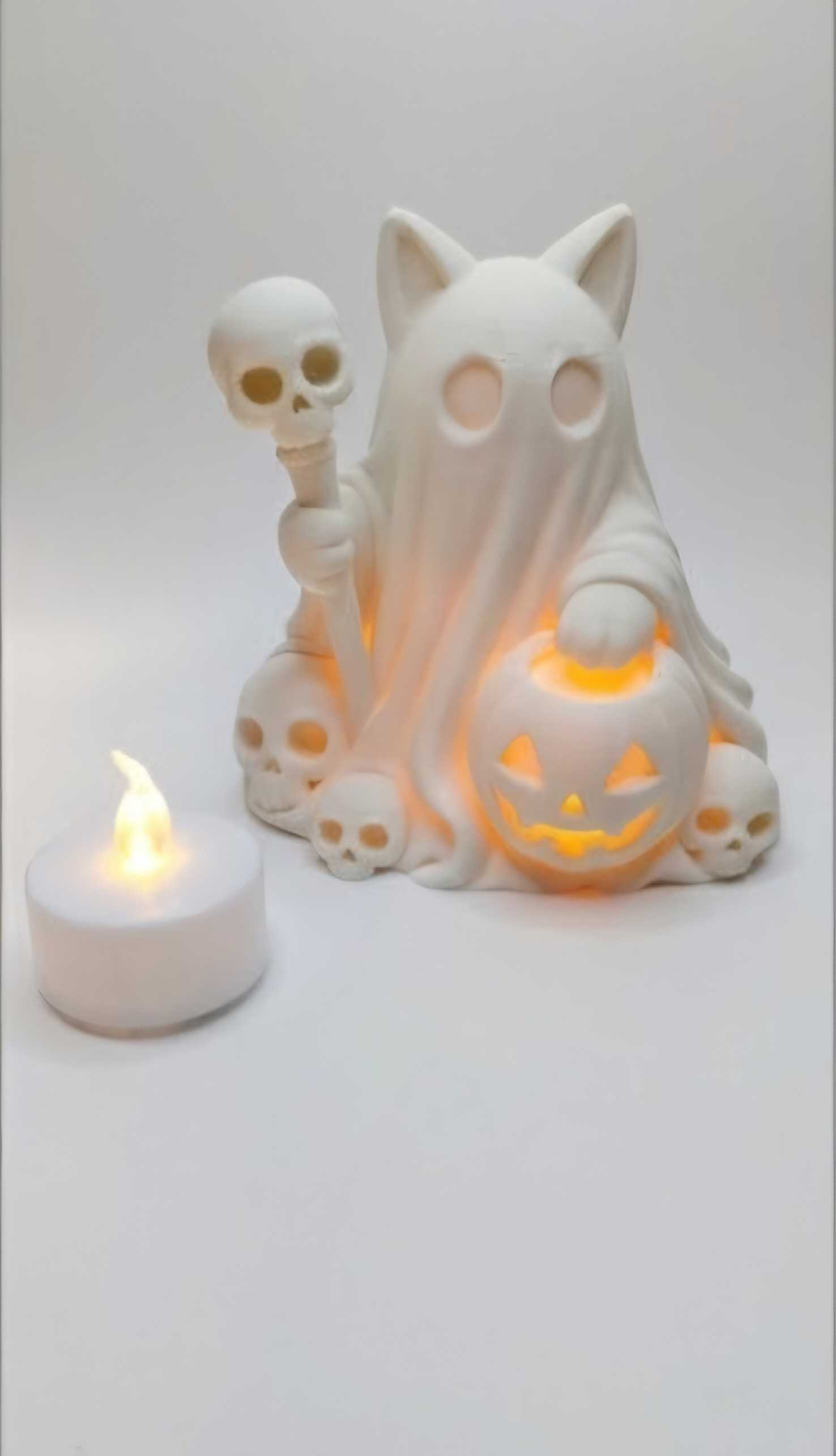 Ghost Cat Necromancer Tea Light Holder — 3D Printed Halloween Decor