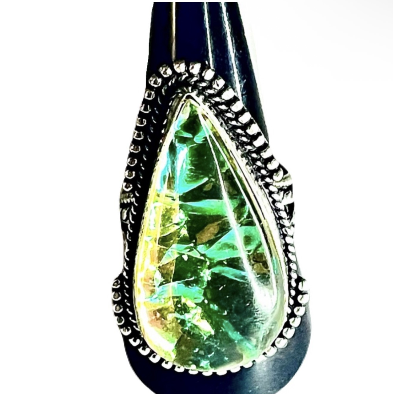 New 925 Sterling Silver Green Yellow Triplet Opalite Artisten Tear Drop Ring