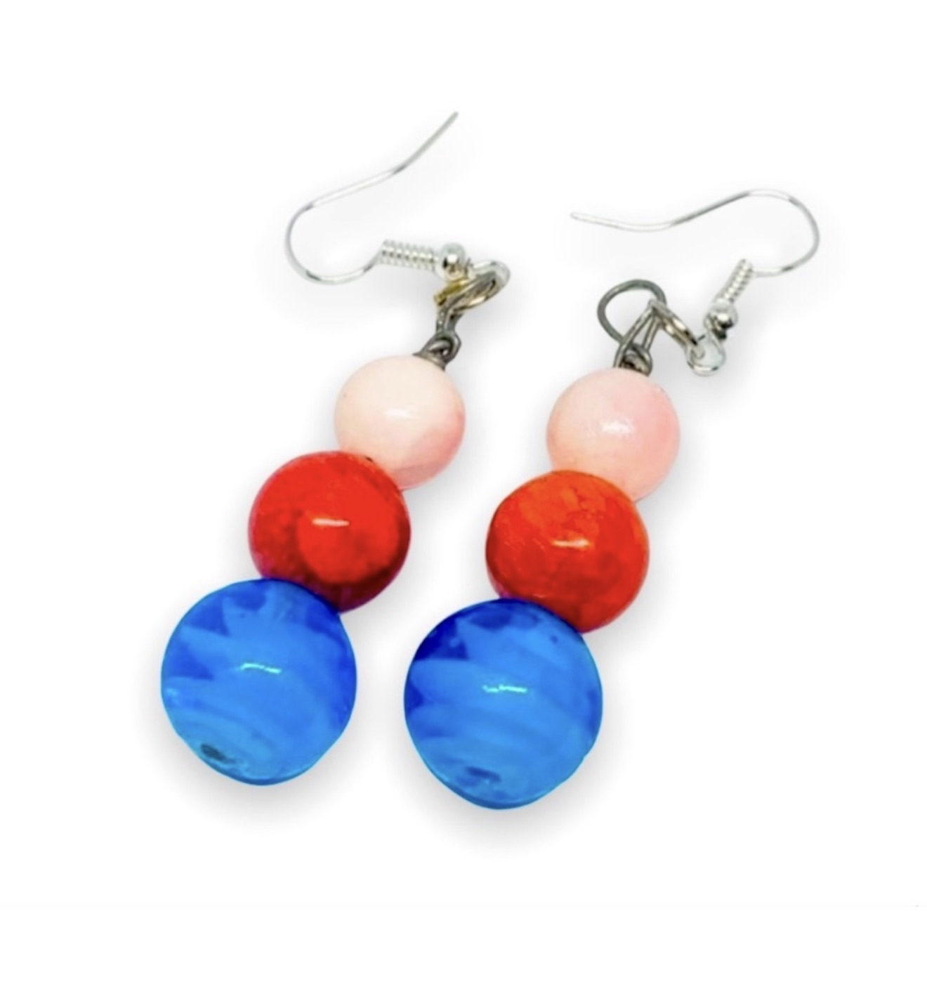 New Handmade Red Pink & Blue Ball Geometric Tear Dangle Earrings by Nerdy - Image 2