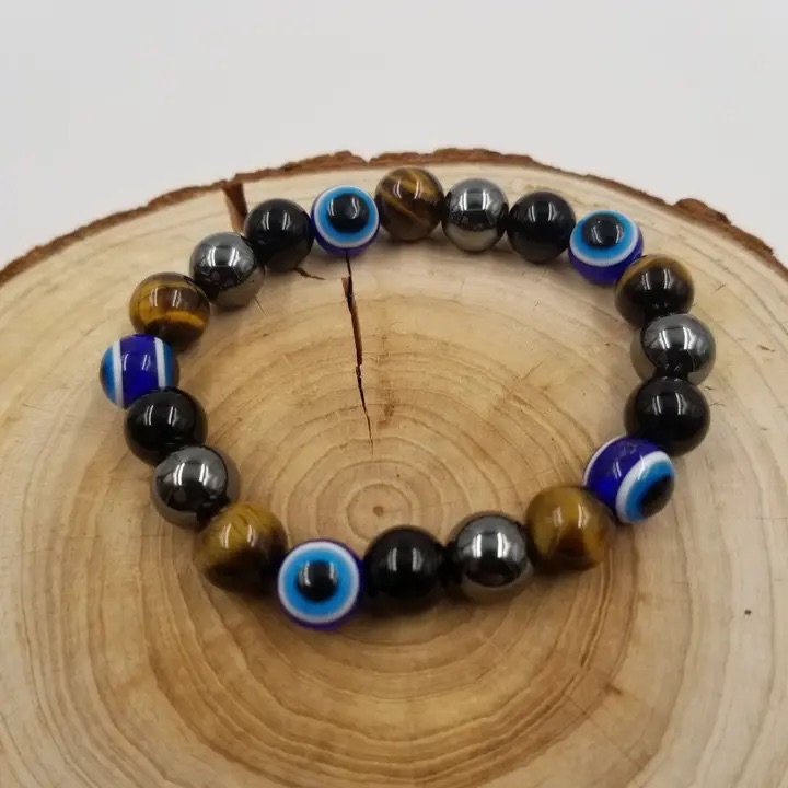 Triple Protection Evil Eye Hematite Black Obsidian Tigers Eye Stretchy Bracelet 8mm - Image 3