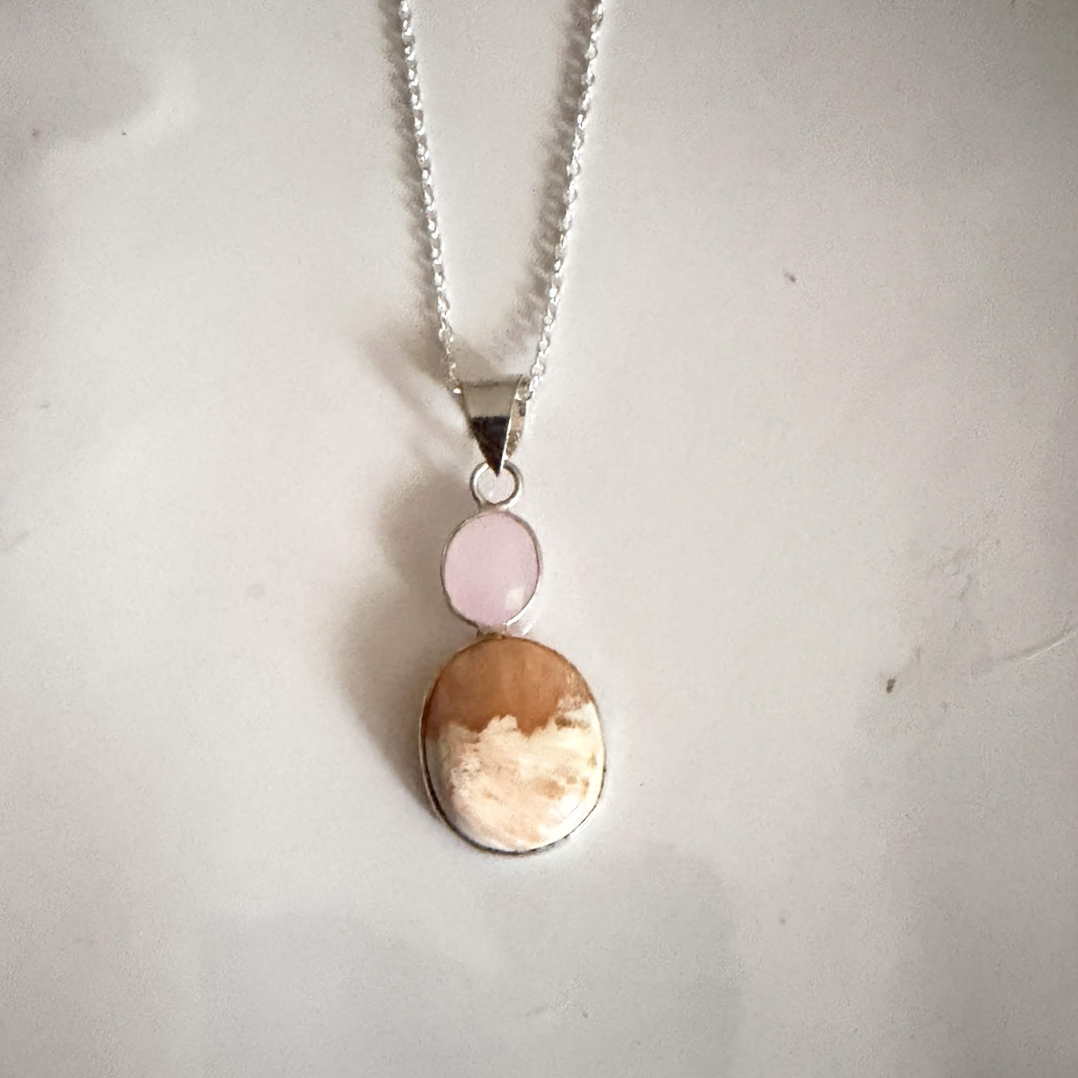 New Artisan Chocolate Calcite & Rose Quartz Necklace 925 Sterling Silver OOAK - Image 2