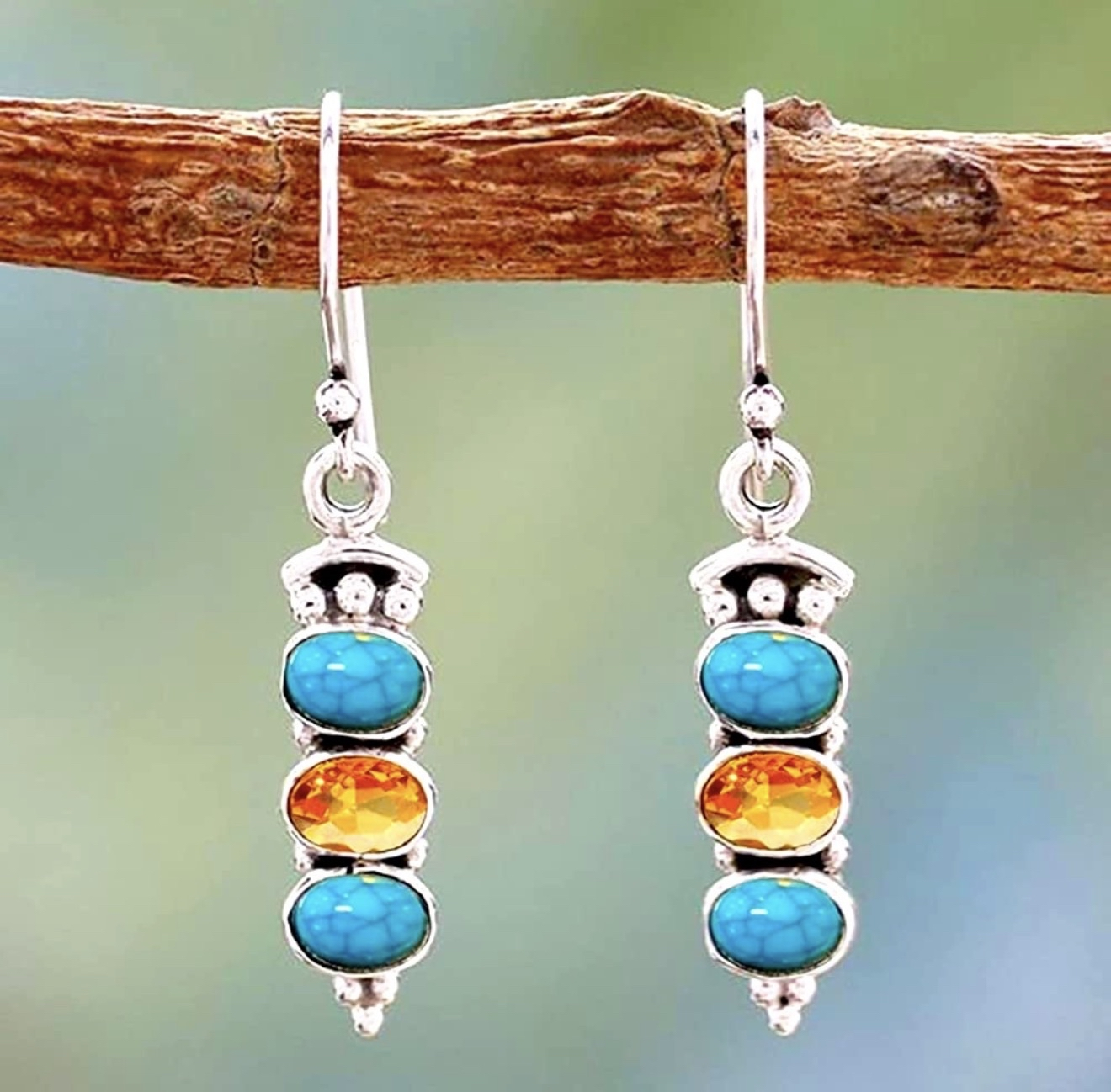 Handmade Bohemian Turquoise Topaz Geometric Dangle Earrings - Image 2