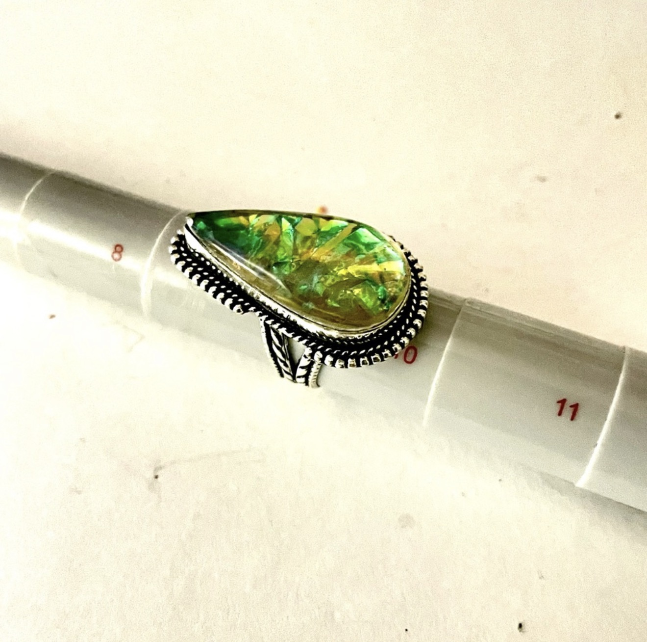 New 925 Sterling Silver Green Yellow Triplet Opalite Artisten Tear Drop Ring - Image 2
