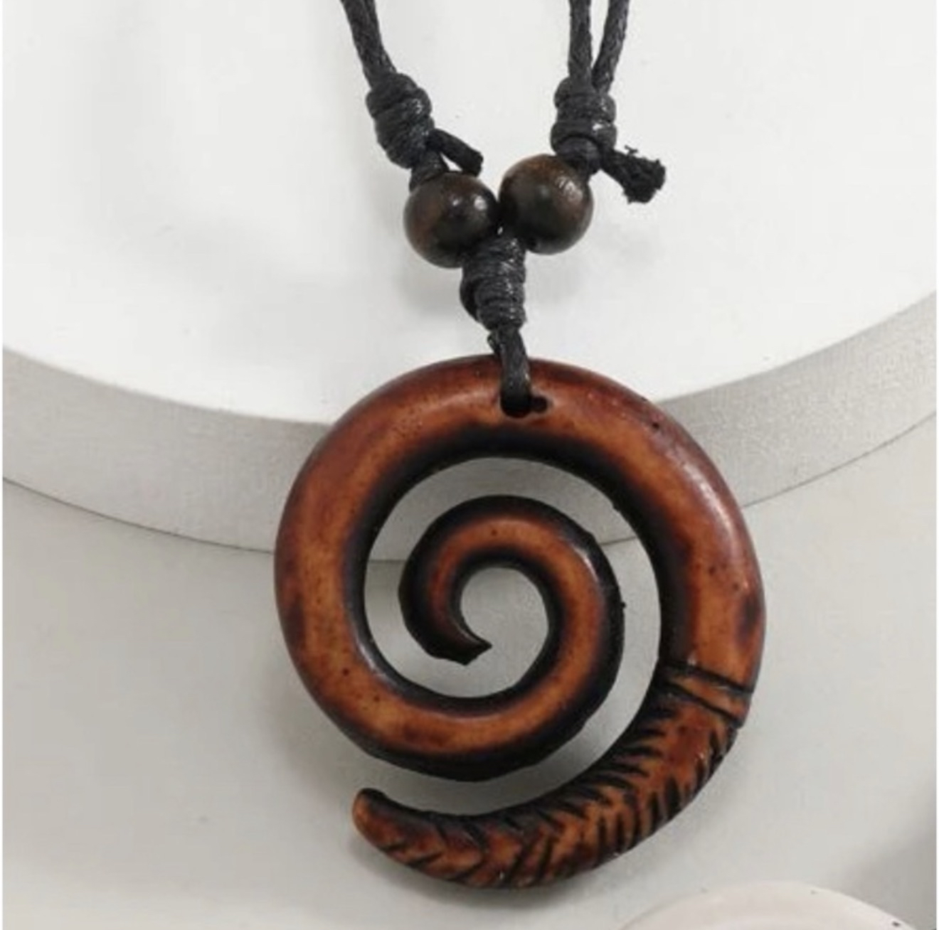 Handmade Boho Hawaiian Tribal Engraved Spiral Helix Hook Pendant Necklace - Image 2