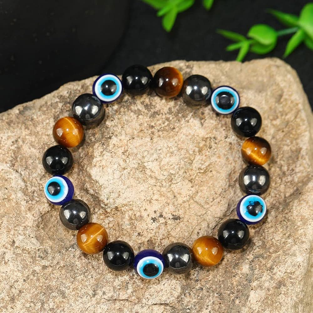Triple Protection Evil Eye Hematite Black Obsidian Tigers Eye Stretchy Bracelet 8mm - Image 4